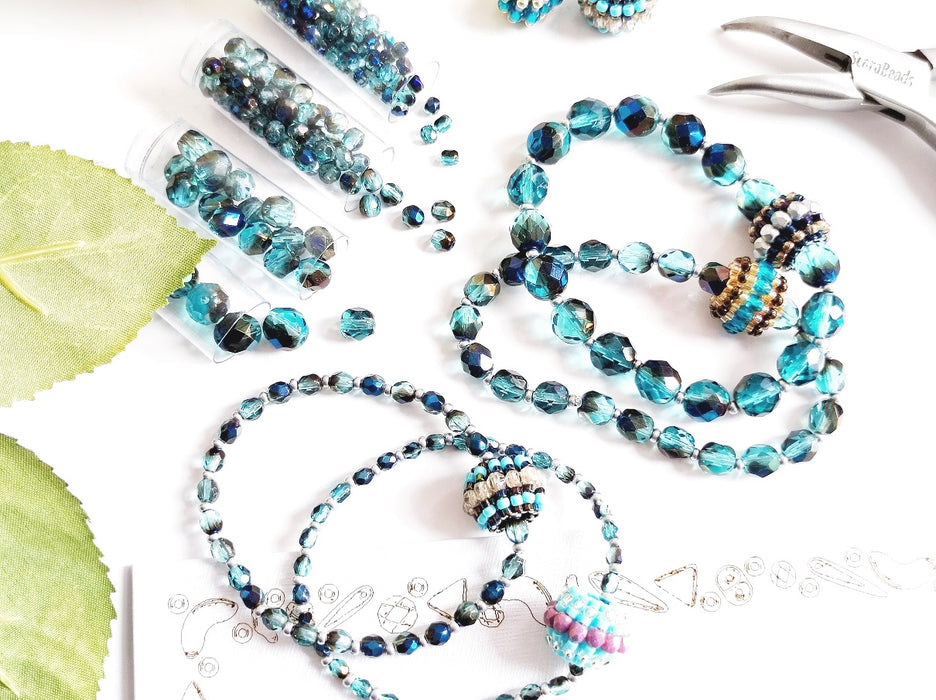 Set of Round Fire Polished Beads (3mm, 4mm, 6mm, 8mm), Aquamarine Azuro, Czech Glass