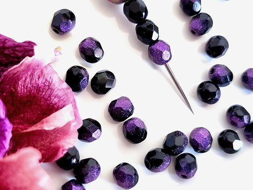 100 pcs Fire Polished Faceted Beads Round, 4mm, Jet Rutile Violet, Czech Glass