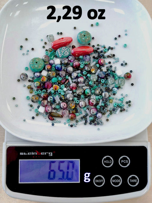 65 g (2,29 oz) Unique Mix of Czech Glass Beads for Jewelry Making, Beads & Bead assortments. Pressed Beads, Matubo, Rocailles et al. Mixed Shapes and Size, Composition Turquoise with a twist