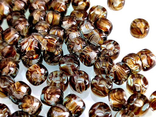 20 g Pressed Seed Beads 6 mm, Crystal with Brown Stripes, Czech Glass