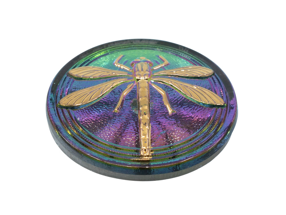 1 pc Czech Glass Cabochon Green Purple Vitrail Gold Dragonfly (Smooth Reverse Side), Hand Painted, Size 14 (32mm)