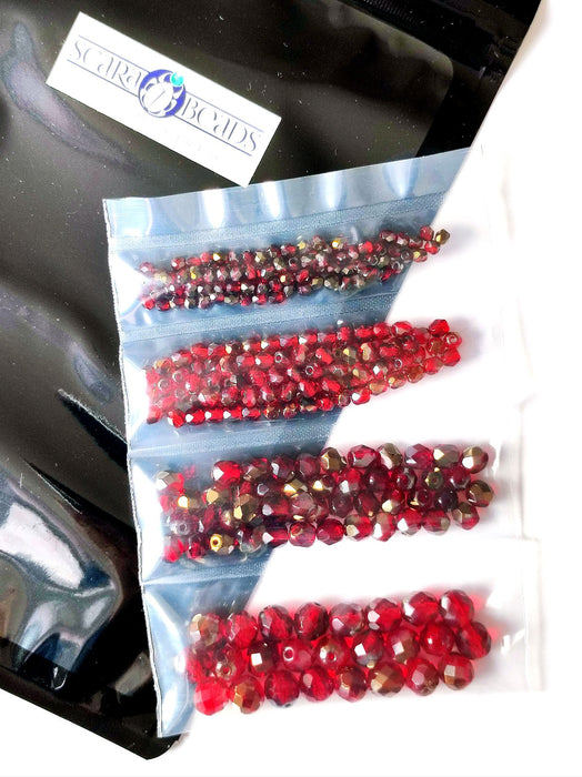 Set of Round Fire Polished Beads (3mm, 4mm, 6mm, 8mm), Ruby Valentinite, Czech Glass