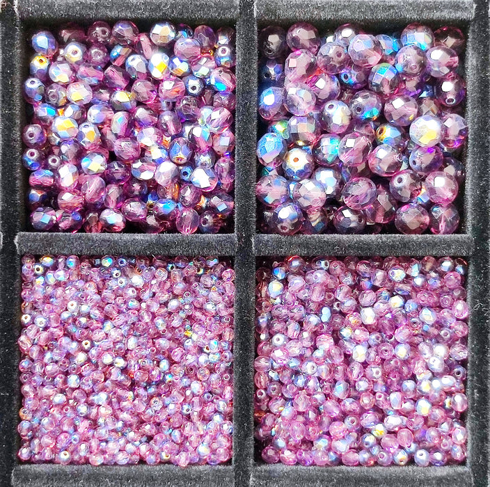 Set of Round Fire Polished Beads (3mm, 4mm, 6mm, 8mm), Amethyst AB, Czech Glass