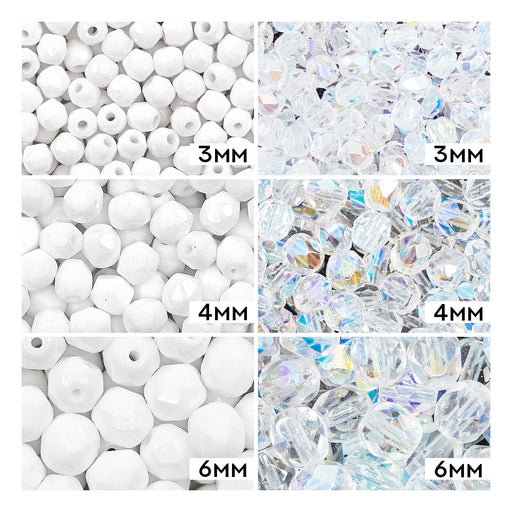 Set of Round Fire Polished Beads (3mm, 4mm, 6mm), 2 colors: Crystal AB and Chalk White, Czech Glass