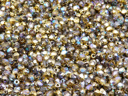 100 pcs Fire Polished Faceted Beads Round, 3mm, Crystal Gold Rainbow, Czech Glass
