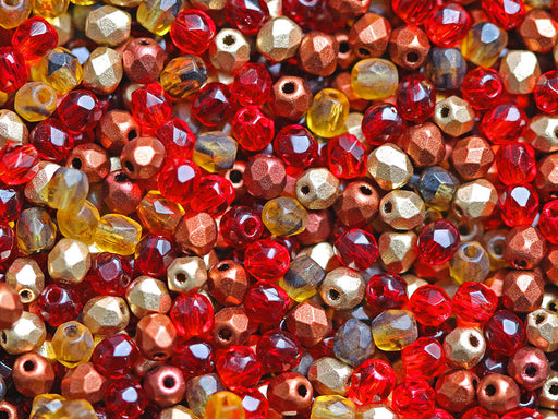 Mix of Faceted Fire Polished Beads 3 mm, 5 Сolors Fiery Sunset, Czech Glass