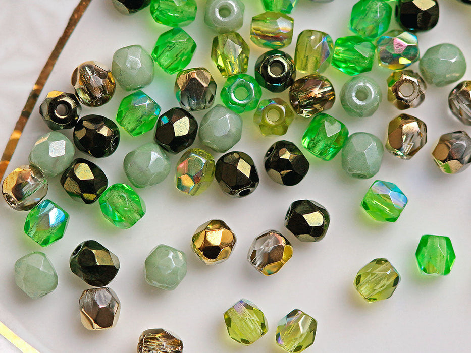 0,88 oz (25 g) Mix of Faceted Fire Polished Beads 3 mm, 5 Сolors Forest Haze, Czech Glass