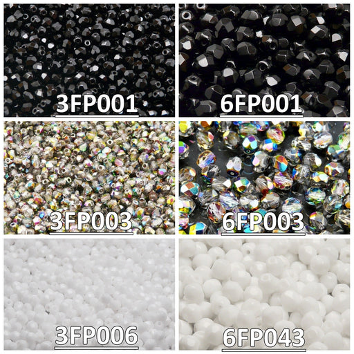 Set of Round Fire Polished Beads (3mm, 6mm), 3 colors: Jet Black, Crystal Vitrail, Chalk White, Czech Glass