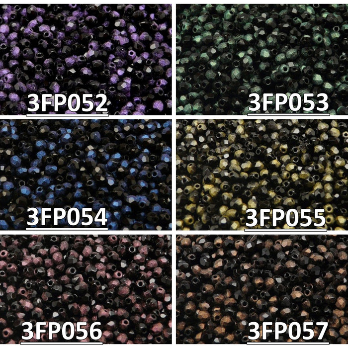 Set of Czech Fire-Polished Glass Beads Round 3mm - 6 colors (3FP052 3FP053 3FP054 3FP055 3FP056 3FP057)