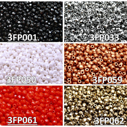 Set of Czech Fire-Polished Glass Beads Round 3mm - 6 colors (3FP001 3FP033 3FP050 3FP059 3FP061 3FP062)