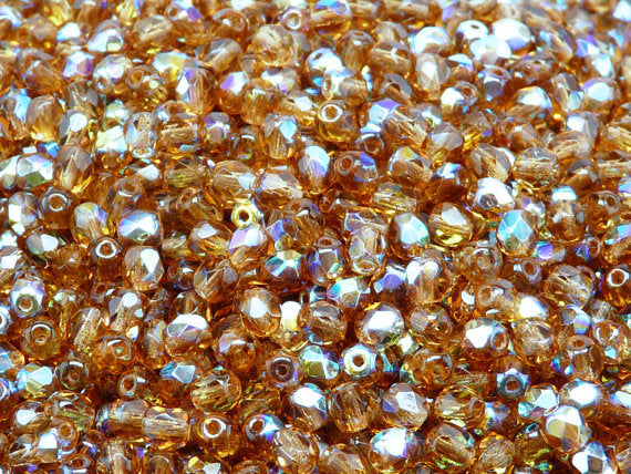 100 pcs Fire Polished Faceted Beads Round, 4mm, Dark Topaz AB, Czech Glass