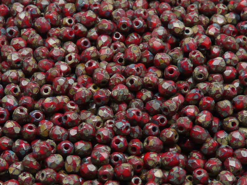 100 pcs Fire Polished Faceted Beads Round, 4mm, Opaque Coral Red Travertine Dark, Czech Glass