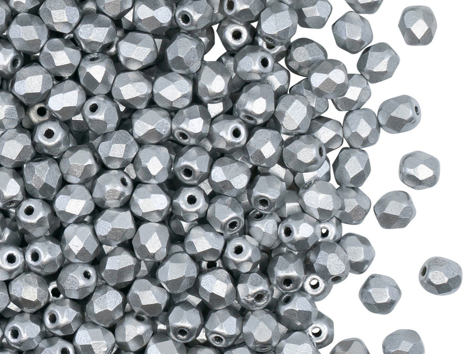 100 pcs Fire Polished Faceted Beads Round, 4mm, Silver Matte (Crystal Aluminum), Czech Glass