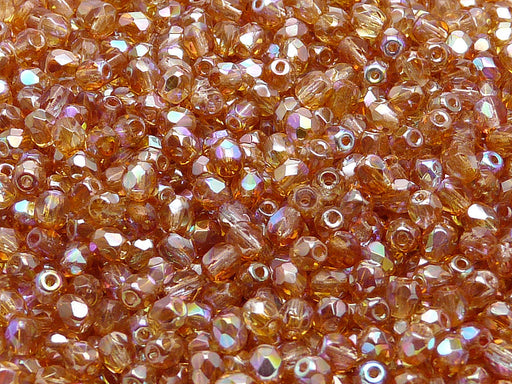 100 pcs Fire Polished Faceted Beads Round, 4mm, Crystal Orange Rainbow, Czech Glass