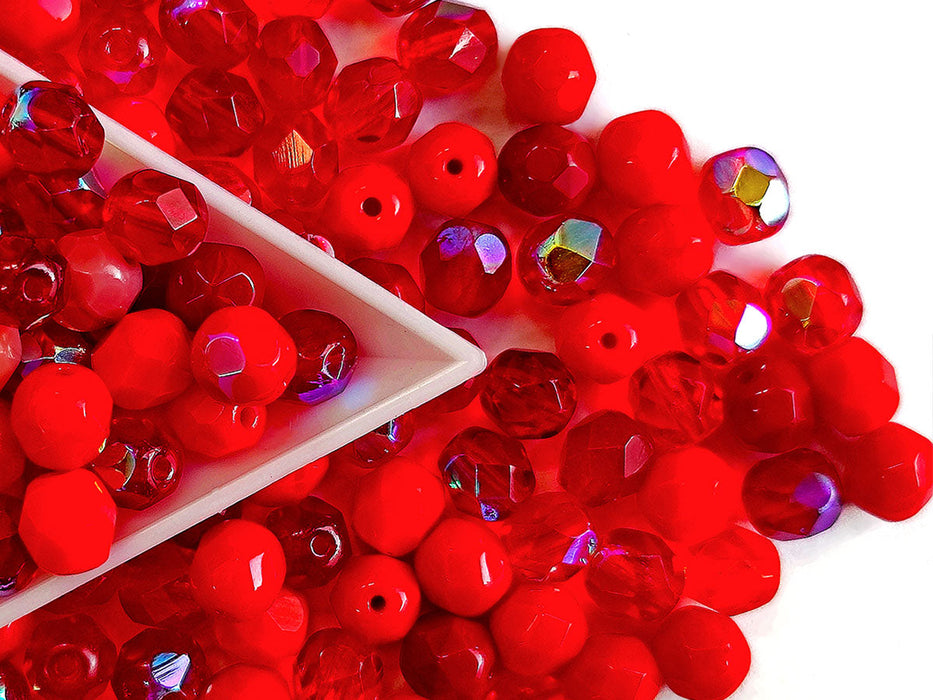 50 pcs Fire Polished Faceted Beads Round 6 mm, Mix Red, Czech Glass