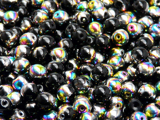 50 pcs Round Pressed Beads, 6mm, Jet Vitrail, Czech Glass