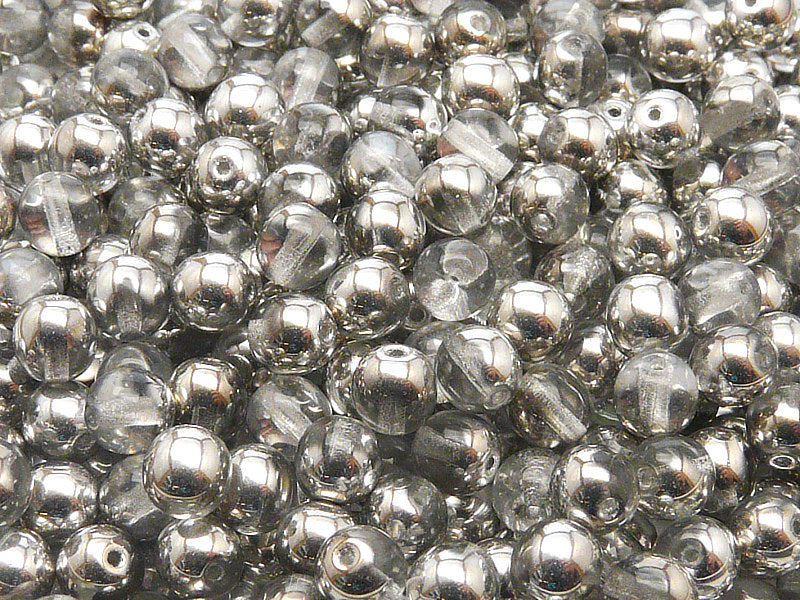 50 pcs Round Pressed Beads, 6mm, Crystal Labrador (Crystal Silver), Czech Glass