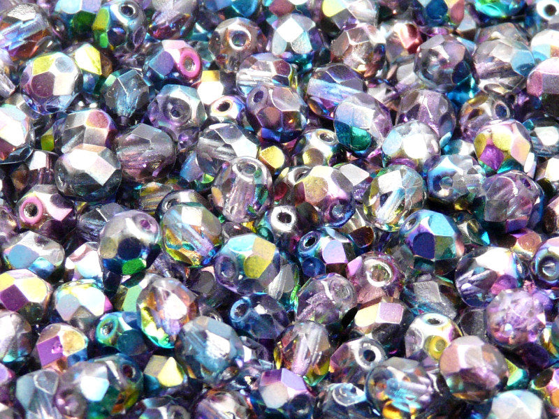50 pcs Fire Polished Faceted Beads Round, 6mm, Magic Blue Pink, Czech Glass