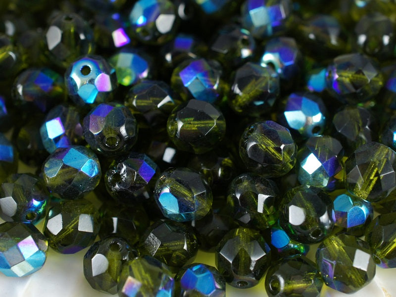 25 pcs Fire Polished Faceted Beads Round, 8mm, Olivine AB, Czech Glass