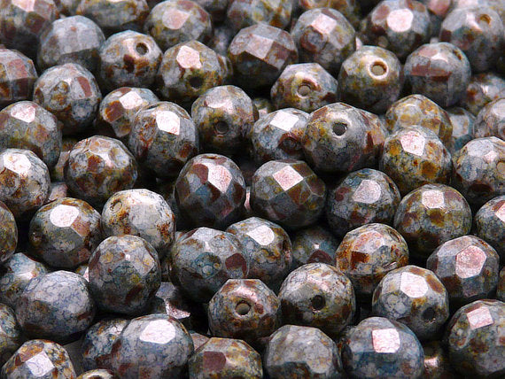 25 pcs Fire Polished Faceted Beads Round, 8mm, Chalk White Blue Senegal Matte, Czech Glass