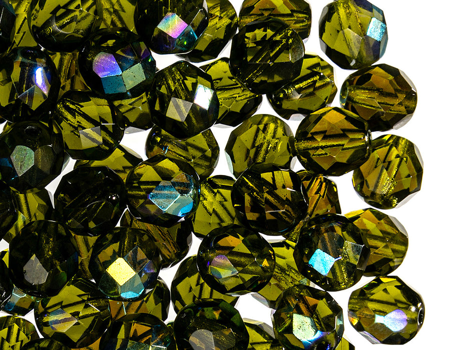 25 pcs Fire Polished Faceted Beads Round, 8mm, Olivine AB, Czech Glass
