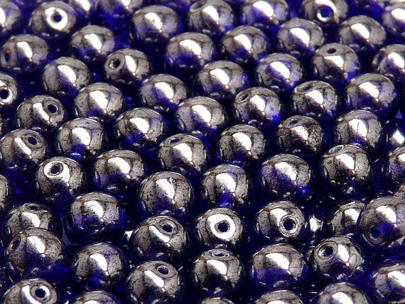 25 pcs Round Pressed Beads, 8mm, Dark Sapphire Transparent Luster, Czech Glass