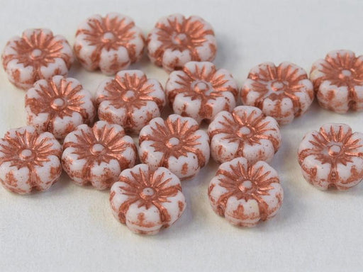 Hibiscus Flower Beads 9 mm, Chalk White with Copper Decor, Czech Glass