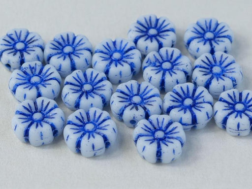 Hibiscus Flower Beads 9 mm, Chalk White with Blue Decor, Czech Glass