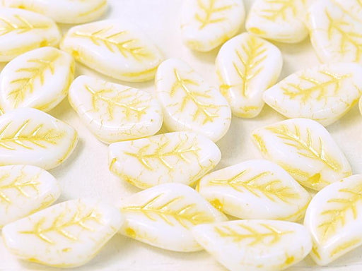 Leaves Beads 9x14 mm, Chalk White With Yellow Streaks, Czech Glass