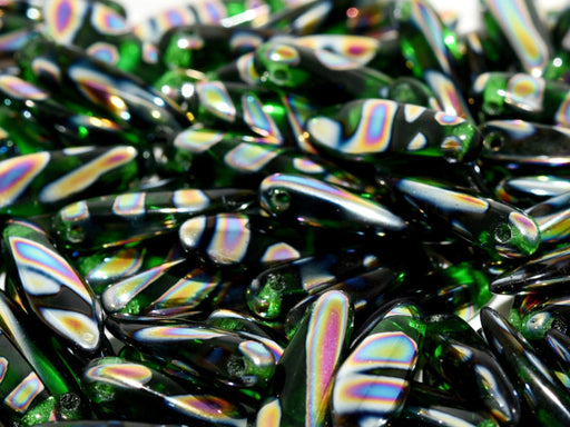 Dagger Beads 5x16 mm, Chrysolite Vitrail Stripes, Czech Glass