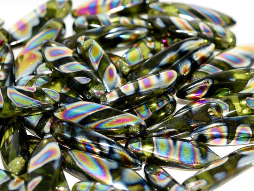Dagger Beads 5x16 mm, Olivine Vitrail Stripes, Czech Glass