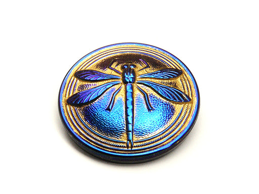 1 pc Czech Glass Cabochon Blue Gold Blue Dragonfly (Smooth Reverse Side), Hand Painted, Size 14 (32mm)