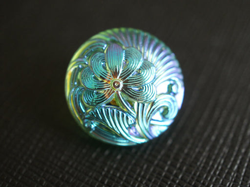 1 pc Czech Glass Button, Flower Green Blue AB, Hand Painted, Size 8 (18mm)