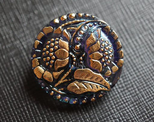 1 pc Czech Glass Button, Dark Amethyst Gold Flowers, Hand Painted, Size 12 (27mm)