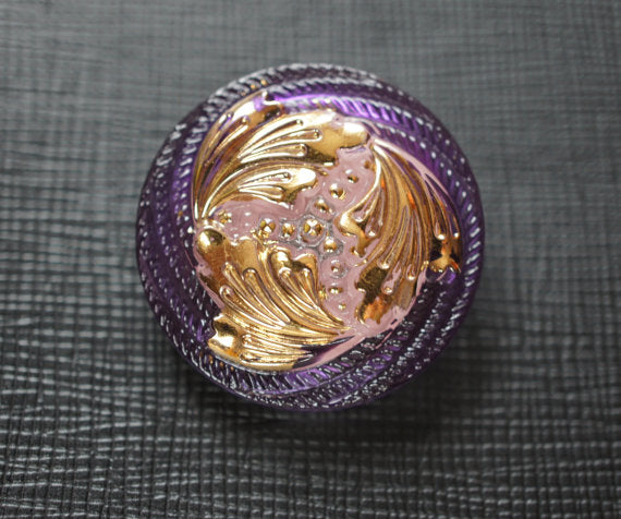 1 pc Czech Glass Button, Amethyst Pink Gold Ornament, Hand Painted, Size 12 (27mm)