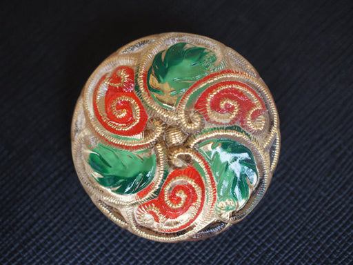 1 pc Czech Glass Button, Gold Red Green, Hand Painted, Size 16 (36mm)