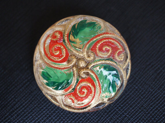1 pc Czech Glass Button, Gold Red Green, Hand Painted, Size 16 (36mm)