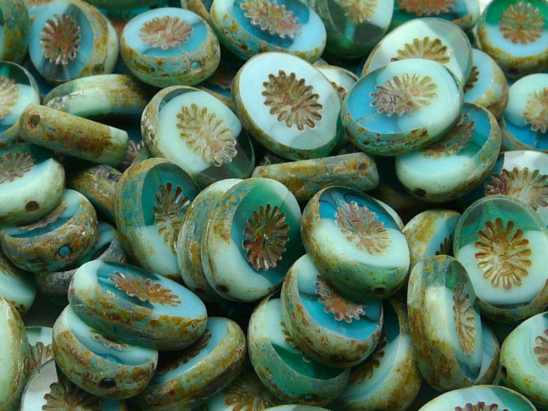 10 pcs Kiwi Table Cut Beads, Carved Oval 14x10mm, Aqua Turquoise Travertine, Czech Glass