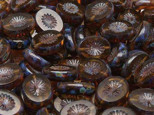 10 pcs Kiwi Table Cut Beads, Carved Oval 14x10mm, Topaz Smoke Travertine, Czech Glass