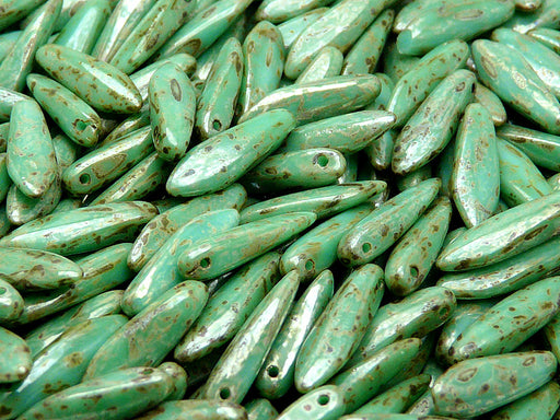 25 pcs Dagger Pressed Beads, 5x16mm, Opaque Turquoise Green Picasso, Czech Glass