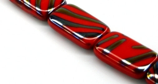 10 pcs Exclusive Pressed Oblong Tiles 19x12mm, Red Zebra Vitrail, Pressed Czech Glass Beads, Czech Glass Beads