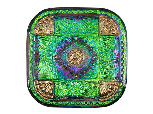 1 pc Czech Glass Button Square 33x33 mm Hand Painted, Purple Green Vitrail Gold, Czech Glass