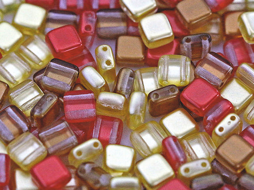 150 pcs Tile Beads 6x6 mm, 2 Holes, Mix Amber Red-Orange Topaz, Czech Glass