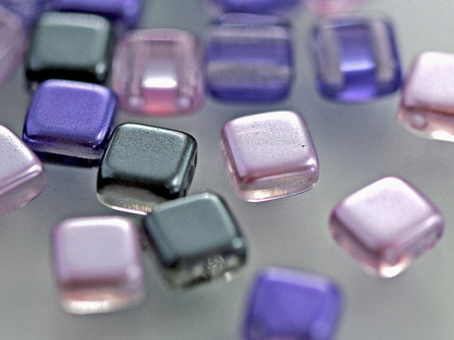 150 pcs Tile Beads 6x6 mm, 2 Holes, Mix Violet Lilac Gray, Czech Glass