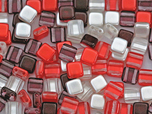 Tile Beads 6x6 mm, 2 Holes, Mix Dark Red Wine Red-Orange Ivory, Czech Glass