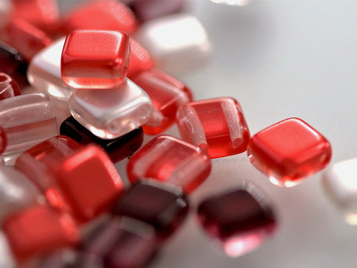150 pcs Tile Beads 6x6 mm, 2 Holes, Mix Dark Red Wine Red-Orange Ivory, Czech Glass