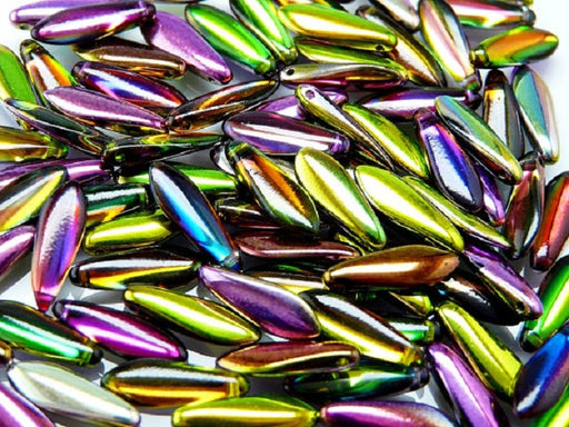 25 pcs Dagger Pressed Beads, 5x16mm, Magic Violet Green, Czech Glass
