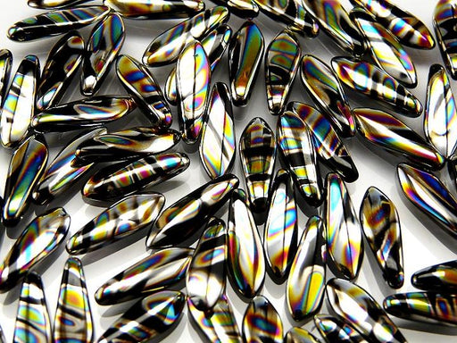 25 pcs Dagger Pressed Beads, 5x16mm, Jet Black Zebra Vitrail, Czech Glass