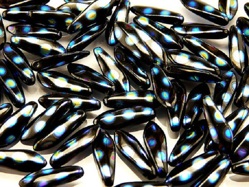 25 pcs Dagger Pressed Beads, 5x16mm, Jet Black Circle AB, Czech Glass
