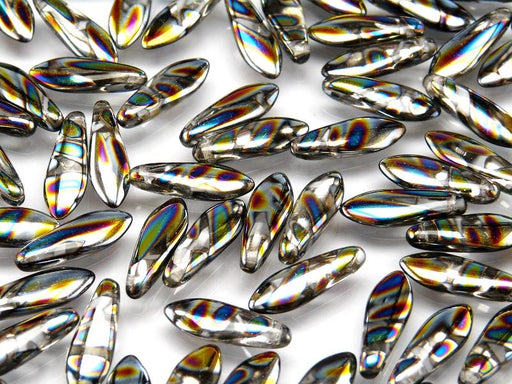 25 pcs Dagger Pressed Beads, 5x16mm, Crystal Zebra Vitrail, Czech Glass